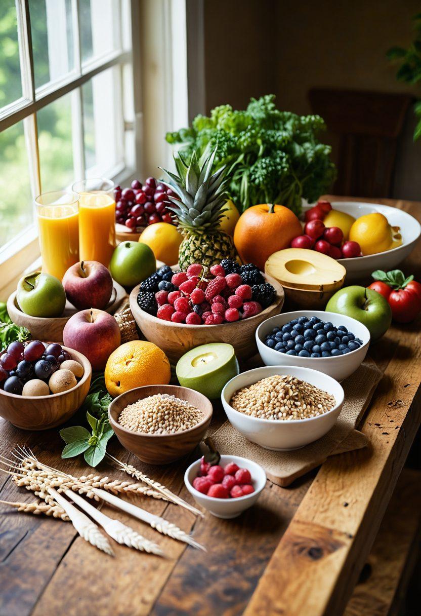 A vibrant display of colorful fruits, vegetables, whole grains, and lean proteins artistically arranged on a wooden table, symbolizing a balanced diet. Include measuring cups and a scale to emphasize nutrition, with a calming green backdrop to instill a sense of health and wellness. Bright sunlight filtering through a window adds warmth to the scene. vector art. vibrant colors. natural light.