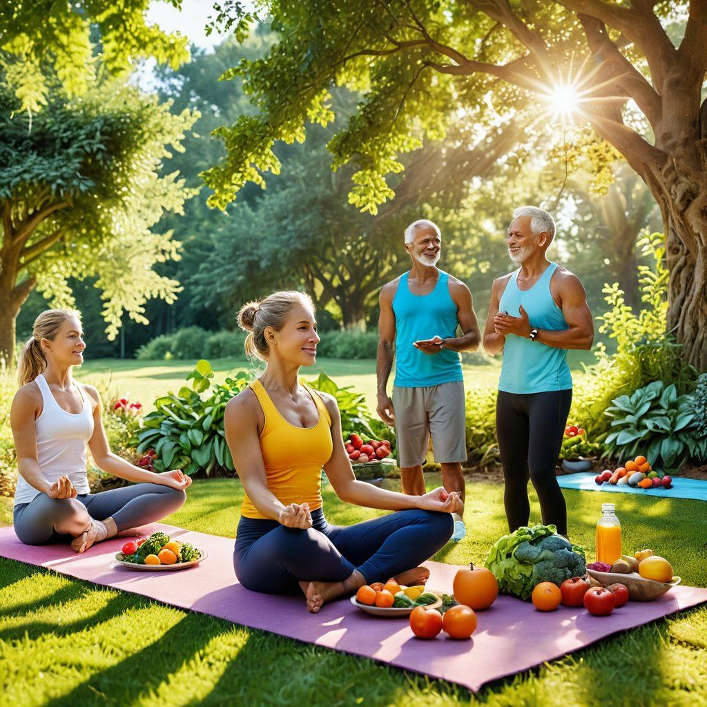 A vibrant scene depicting a diverse group of individuals engaged in various healthy activities such as cooking nutritious meals, exercising outdoors, and meditating, surrounded by fresh fruits and vegetables, illustrating the concept of metabolic health. Bright sunlight filters through green trees, symbolizing vitality and energy. Characters of different ages and backgrounds, showcasing inclusivity and positivity. lively colors. 3D.