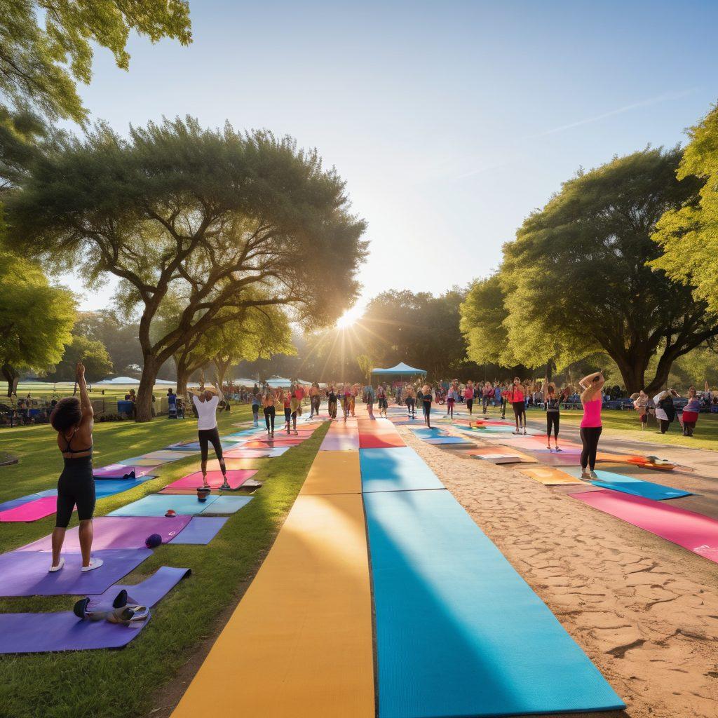 A dynamic scene showcasing diverse individuals engaged in various fitness activities, including yoga, weightlifting, and cardio training, in a vibrant outdoor park setting. Each person should represent different age groups and body types, embodying a sense of community and health. Include elements like a sun-drenched sky, healthy snacks, and motivational quotes in the background. Emphasize movement and energy to reflect lifestyle transformation. vibrant colors. super-realistic.